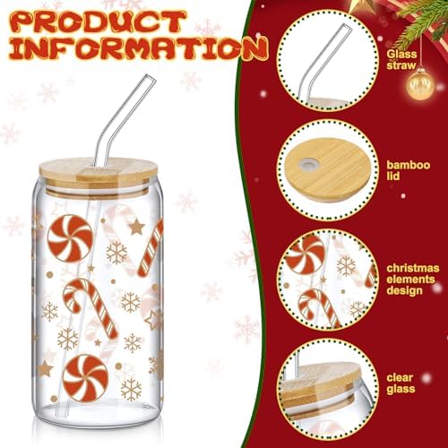 SiliFine 6 Pcs Christmas Glass Cups, 16 oz with Lids and Straws - Image 4