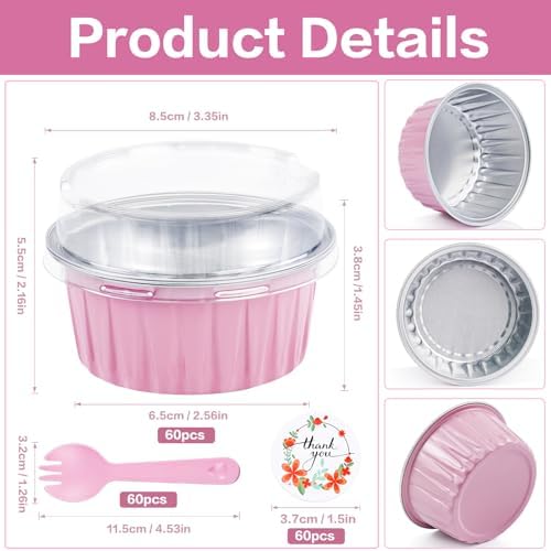 60Pcs Mini Cake Pans with Lids Aluminum Foil, ZOXILEN 5oz Disposable Mini Loaf pans with Lids and Spoons, Small Baking Cups Pie Tins Muffin Pan Cheesecake Containers for Party Pink Round - Image 2