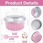 60Pcs Mini Cake Pans with Lids Aluminum Foil, ZOXILEN 5oz Disposable Mini Loaf pans with Lids and Spoons, Small Baking Cups Pie Tins Muffin Pan Cheesecake Containers for Party Pink Round - Image 2