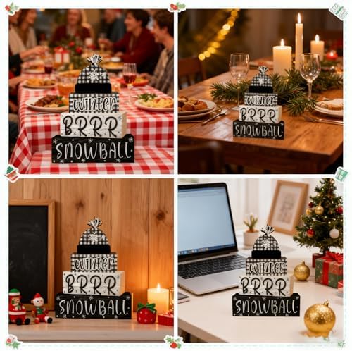 4 Pcs Christmas Decorations Indoor - Wooden Snowball Table Decoration for Home - Christmas Centerpiece For Table - Winter Tiered Tray Decor Rustic Farmhouse Xmas Gift for Home Kitchen Mantel - Image 6