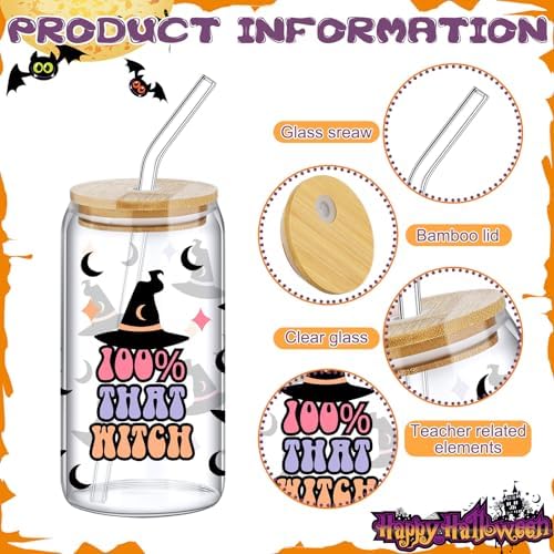 SiliFine 6 Pcs Halloween Glass Cups, 16 oz with Lids and Straws - Image 4