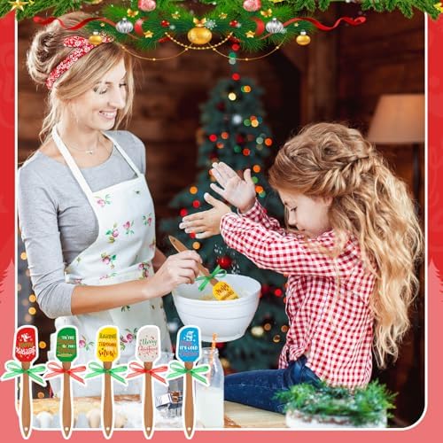 Newtay 10 Sets Christmas Silicone Spatula Cake Spatula Bulk Cooking Scraper with Wooden Handle Xmas Greeting Card Ribbon for Christmas Decoration Holiday Gifts Kitchen Party Favors (Classic Style) - Image 4