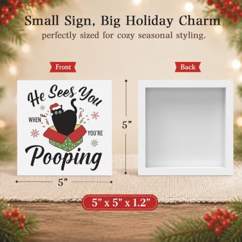 Christmas Bathroom Decor, Funny Black Cat Christmas Decorations, Santa Hat Box Bathroom Table Decoration He Sees You When You're Pooping Wooden Box Sign, Home Shelf Desk Decor for Toilet 5x5 Inches - Image 2
