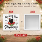 Christmas Bathroom Decor, Funny Black Cat Christmas Decorations, Santa Hat Box Bathroom Table Decoration He Sees You When You're Pooping Wooden Box Sign, Home Shelf Desk Decor for Toilet 5x5 Inches - Image 2