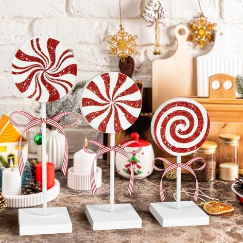 3 Pieces Christmas Table Decorations Wood Candy Set, Red Christmas Tiered Tray Decor,Rustic Candy Table Decorations for Home Tables(Cute) - Image 2