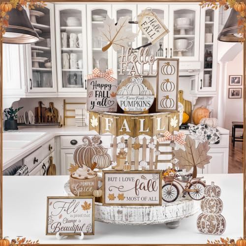 Shellwei 20 Pcs Thanksgiving Tiered Tray Decor Set, Neutral Autumn Sign - Image 5