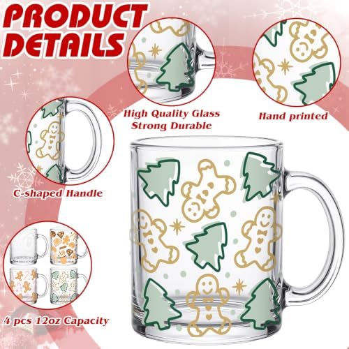 Tioncy 4 Pcs Christmas Glass Coffee Mugs 12 oz - Image 3