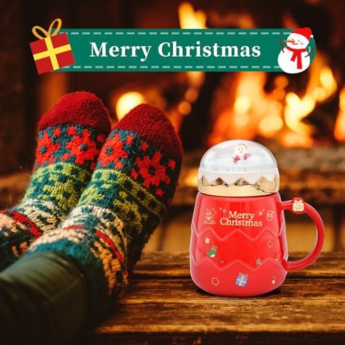 17.6 oz Christmas Mug with Winter Snow Globes Lid Decorations, Large Cute Festive Ceramic Coffee Cup, Winter Xmas Birthday Tabletop Drinkware Teacup Gifts for Adults Kids Men Women (Red) - Image 4