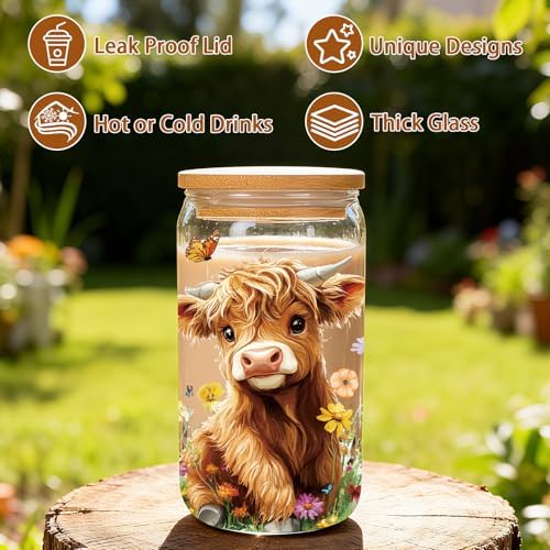 Highland Cow Gifts Women 16oz Drinking Glass Cups with Lid Straws - Image 3