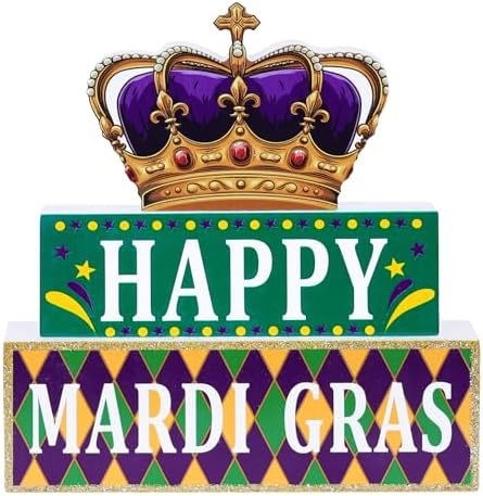 MEETYAMOR Mardi Gras Decorations, Wood Block Crown HAPPY MARDI GRAS Sign Table Decor, Glitter 3-Layered Wooden Mardi Gras Centerpieces for Tables Party Home Room Tiered Tray Shelf Tabletop Mantel by MEETYAMOR