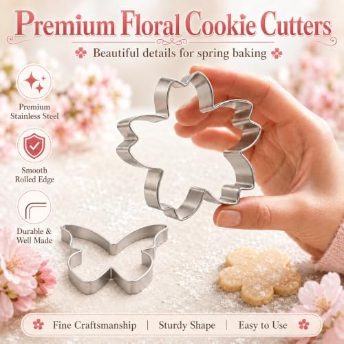 Flower Cookie Cutter Set, 6 PCS Tulip, Cherry Blossom, Frangipani, Daisy, Sunflower, Butterfly, Stainless Steel Holiday Cookie Cutter Shapes for Baking Biscuit Molds - Image 3