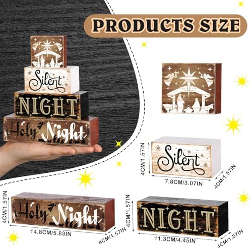 Moucuny 4 Pcs Christmas Holy Night Table Decor Farmhouse Wooden Block Signs - Image 2