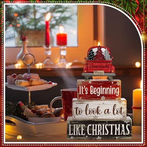 Moucuny 4 Pcs Christmas Truck Table Decor Wooden Farmhouse Block Signs - Image 6
