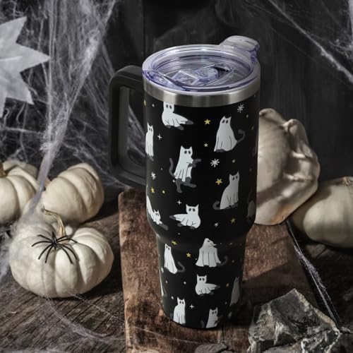 Halloween Tumbler with Lid and Straw 40oz,Black Cute Ghost Cat Vacuum Insulated Leak Proof Tumbler,Goth Cute Spooky Gift Women Girls,Halloween Accessories Stainless Steel Coffee Cup - Image 2