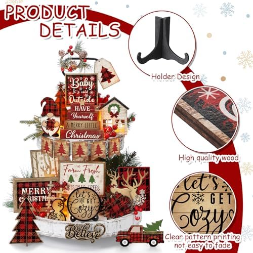 Shellwei 24 Pcs Christmas Tiered Tray Decor, Wood Rustic Buffalo Plaid - Image 5