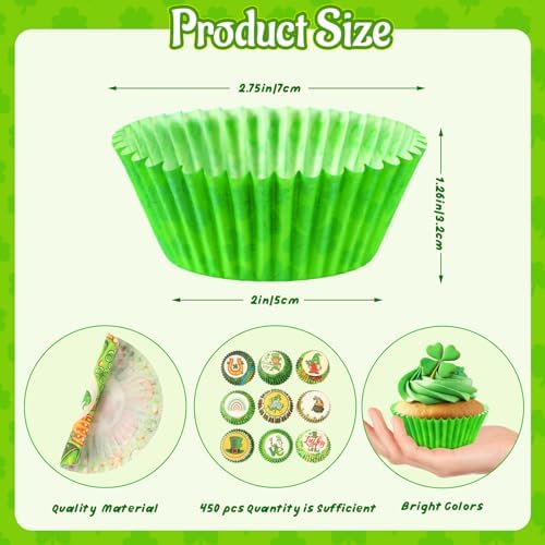 SANNIX 450pcs St. Patrick's Day Cupcake Liners, Irish Clover Shamrock Print Baking Cupcake Green Wrappers Paper Muffin Liners for St. Patrick's Day Party Candy Cake Decorations Supplies(9 Designs) - Image 2