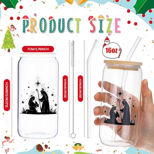 Vesici 6 Pcs Christmas Christian Gift 16 oz Nativity Glass Cups with Lid Straw and Stopper Christian Coffee Cup Tumbler Religious Gifts with Cards and Bow for Women Church Christmas Party Favor - Image 2