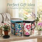 Topadorn 17oz Ceramic Travel Mugs with Lids, Floral Bird Mug Set of 2 - Image 5