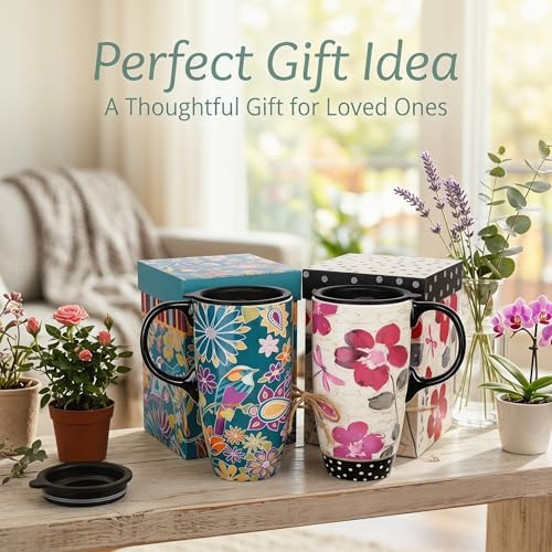 Topadorn 17oz Ceramic Travel Mugs with Lids, Floral Bird Mug Set of 2 - Image 5