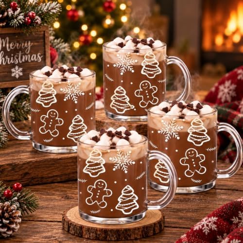 LemonRoad 4 Pcs Christmas Glass Coffee Mugs 12 oz Gingerbread Cups by Unknown