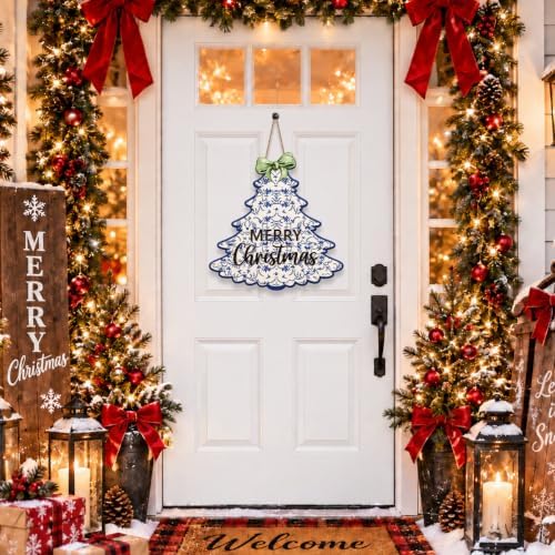 Chinoiserie Christmas Decorations Blue Floral Christmas Tree Wooden Sign - Image 2