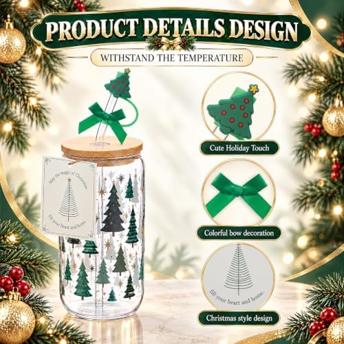 Vesici 6 Set Christmas Glass Cups with Lid Straw & Stopper, Christmas Tree - Image 2