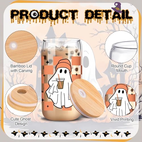 SiliFine 6 Pcs Halloween Glass Cups, 16 oz with Lids and Straws - Image 4