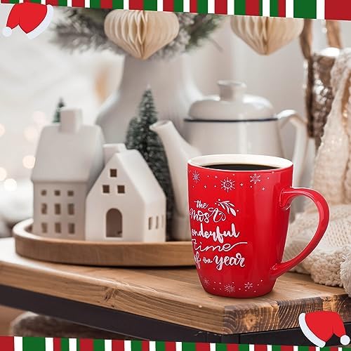 4 Pcs Snowflake Christmas Ceramic Mugs Set, Red Holiday Coffee Cup - Image 4