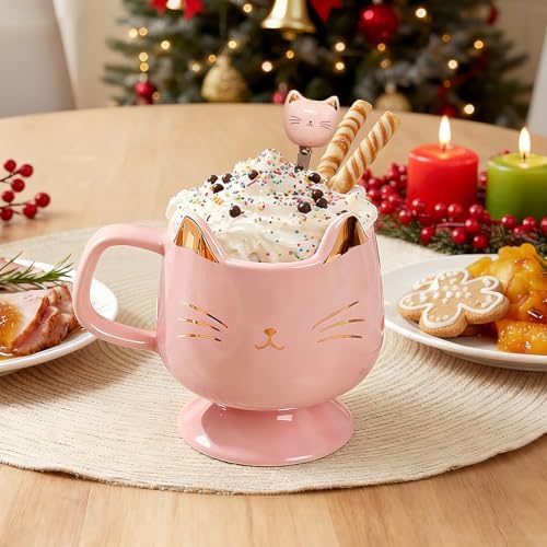 Christmas Mugs High-Footed Ceramic Cat Mug – 13.5oz Unique Coffee Cup with kitty Expression Design, Fun Gift for Women, Girls, Kids, Cat Lovers (pink) - Image 3