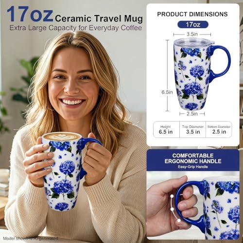 Topadorn 17oz Ceramic Travel Mug with Lid, Blue Hydrangea Floral Coffee Mug - Image 6