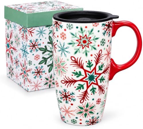 Topadorn 17oz Ceramic Travel Mug with Lid, Christmas Snowflake Coffee Mug by Topadorn