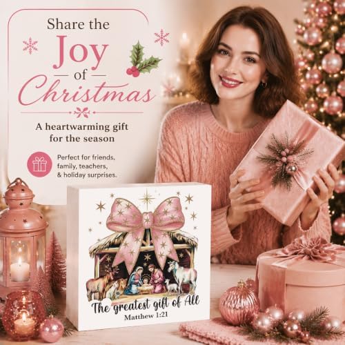 Pink Christmas Decor, Christian Christmas Decorations Indoor, Glitter Bow Nativity Scene Sign Gift for Women Friends, Rustic Wooden Box Sign for Home Office Bedroom Desk Decor 5x5 Inches - Image 6
