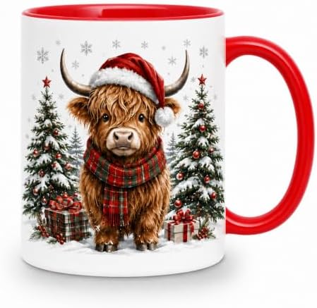 Highland Cow Gifts for Women, Christmas Mugs with Festive Red Handl by Unknown