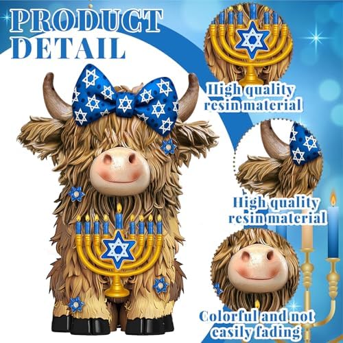 2 Pcs Hanukkah Highland Cow Figurines Decor, Blue Hanukkah Style - Image 4