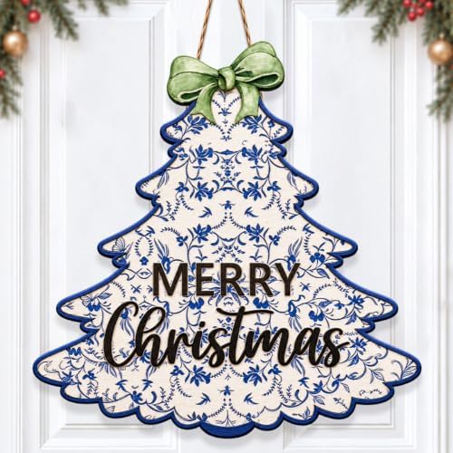 Chinoiserie Christmas Decorations Blue Floral Christmas Tree Wooden Sign by GUDIO