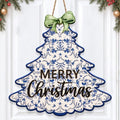 Chinoiserie Christmas Decorations Blue Floral Christmas Tree Wooden Sign by GUDIO
