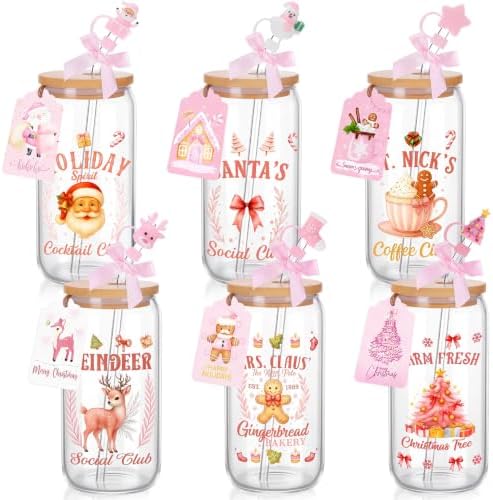 Vesici 6 Set Christmas Glasses Cups 16 oz Xmas Drink Cup with Lid Straw and Stopper Can Shaped Beer Tumbler Christmas Pink Appreciation Gifts with Cards and Bow for Women Birthday Party Favor by Vesici