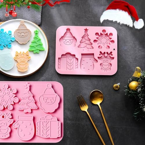 3PCS Christmas Silicone Cookie Molds, Xmas Chocolate Molds Holiday Gummy Candy Butter Mold Wax Melt Mold Christmas Tree Gingerbread Snowman Snowflakes Socks Bells Santa Hat Baking Mold (Xmas-Pink-B) - Image 6
