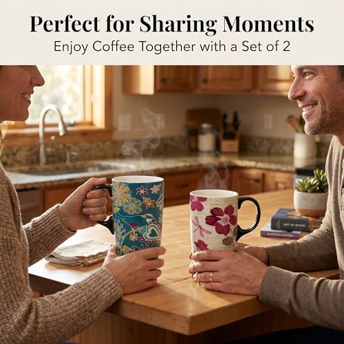 Topadorn 17oz Ceramic Travel Mugs with Lids, Floral Bird Mug Set of 2 - Image 2