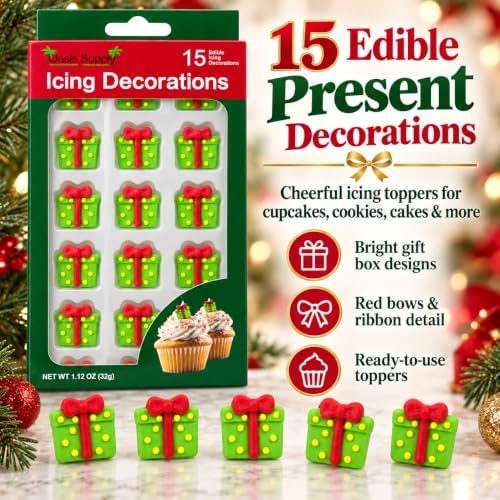 Oasis Supply Christmas Presents Edible Icing Decorations – 15 Count – Green Gift Box Cake & Cupcake Toppers for Cookies, Cakes, Cupcakes & Holiday Desserts - Image 6