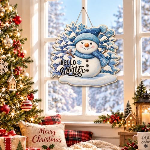 Christmas Snowman Decorations Hello Winter Hanging Wooden Door Sign - Image 6