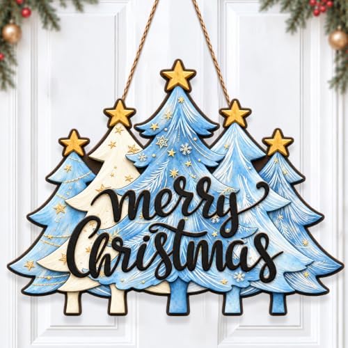 Christmas Decorations Blue White Christmas Tree Merry Christmas Wood Sign by GUDIO