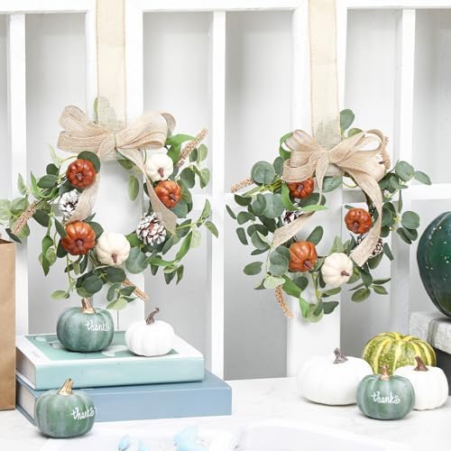 Syhood 2 Pcs 9 Inch Small Fall Wreath for Cabinet Mini Fall Wreath - Image 6