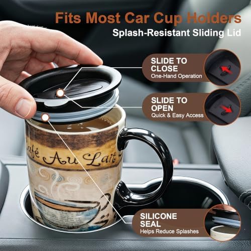 Topadorn 17oz Ceramic Travel Mug with Lid, French Café Coffee Mug with Handle, Vintage Latte Cup for Coffee Tea Cocoa, Microwave & Dishwasher Safe, Gift Box Included - Image 3