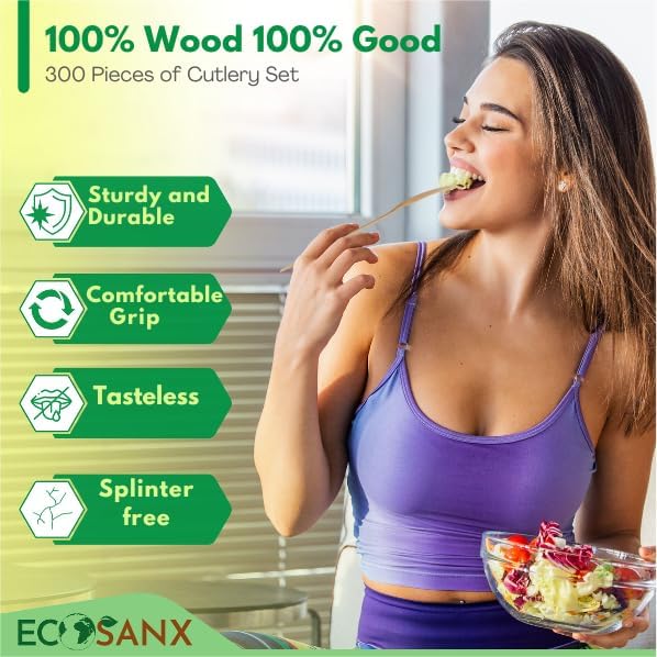 ECOSANX® 300 PCs Disposable Wooden Cutlery set 6.5" Splinter Free Compostable - Image 5