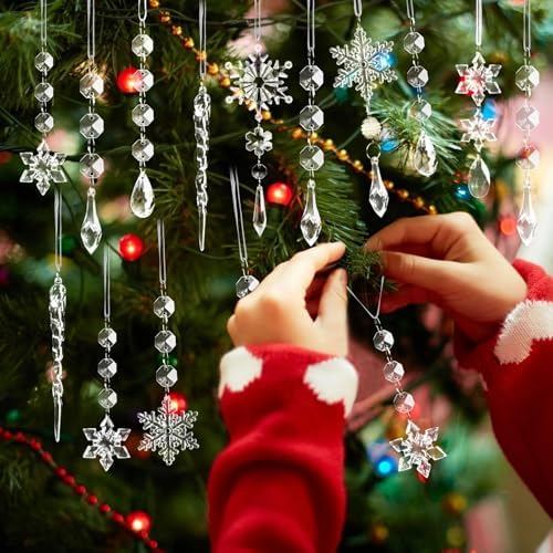 Crystal Christmas Tree Ornaments, Clear Acrylic Snowflake & Icicle, 48pcs - Image 6