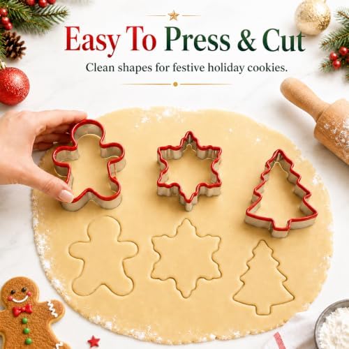 Crethinkaty 3 PCS Christmas Cookie Cutter Set,Gingerbread Man,Snowflake,Christmas Tree Shape with Soft PVC Edge Xmas Cookie Cutters for Baking - Image 3