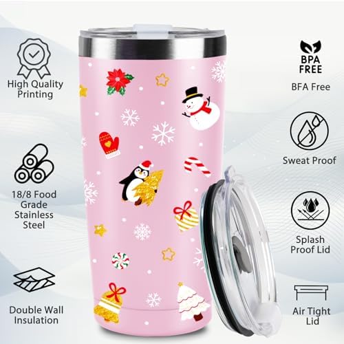 Christmas Gifts for Women 2025, 20 oz Pink Stainless Steel Christmas Coffee Tumblers with Lid and Straw, Insulated Coffee Travel Mug, Best Xmas Themed Gifts for Women Men Girls Teachers Coworkers - Image 5