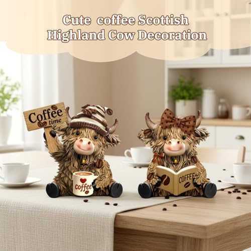 2 Pack Resin Highland Cow Figurine Decor, Coffee Theme - Image 5