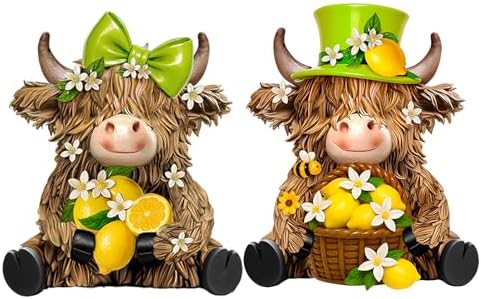 2 Pcs Resin Highland Cow Figurines Decor, Lemon Style by Burbell